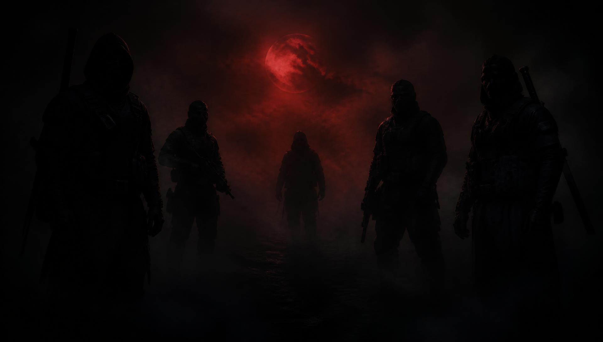 Five WOLFN operators standing in fog beneath a deep red moon